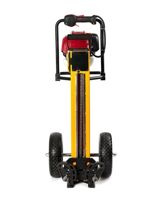 Engine-powered post puller with transport wheels: Removes old posts